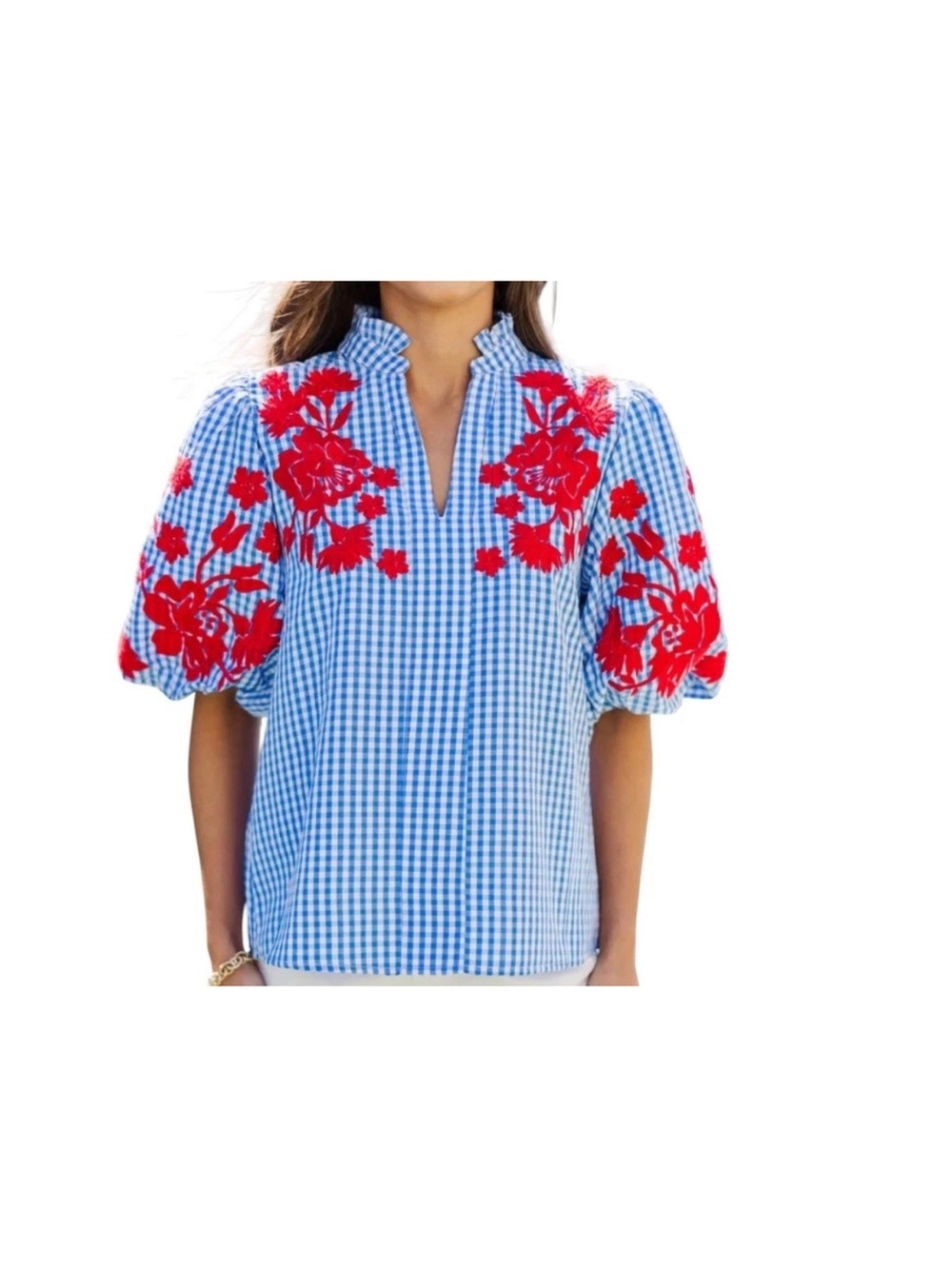 THML Peaceful Blue Gingham embroidered blouse sz M